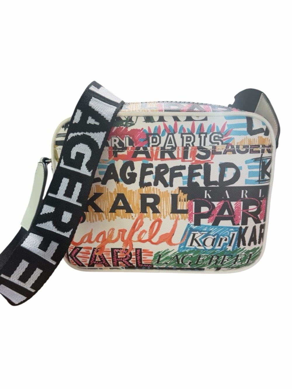 Karl Lagerfeld Maybelle Camera Bag Black White 3D Raised Logo Crossbody - Picture 2 of 6